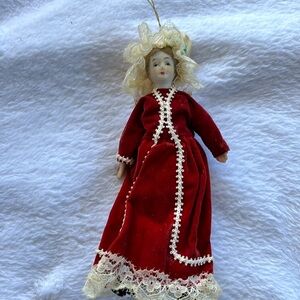 Vintage Porcelain Doll Red Velour Dress Lace Christmas Tree Ornament